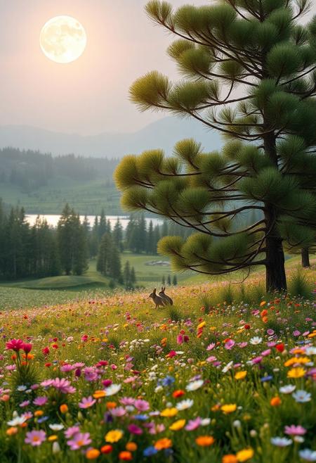 masterpiece, best quality, ultra-detailed, realistic, 8k, pine tree, flowers fields, many kinds of flowers, a couple of rabbits on very distant, lakes, meadows, glitter, moonlight, out-of-this-world scenery, lifelike, naturalism, greatest naturalism photo, immaculate detailed realism photography, rich colors, best colors perfect composition, perfect colors, colorful, clear photo, intrigue nature panorama, delicate nature photo, immaculate micro-details nature elements, (out-of-this-world scenery:1.23), beautiful landscape, beautiful flowers, crystal fantastic, breathtaking beautiful nature, unmatched beauty nature, more nature elements, rich nature elements, beach, (awards winning photography:1.37), trending on artstation, real life photo realistic, perfect proportion, aesthetic, artistic style, surreal, insanely lifelike, top best naturalism photography, greatest detailed, intricate nature details background, depth of field, no human, detailerlora,