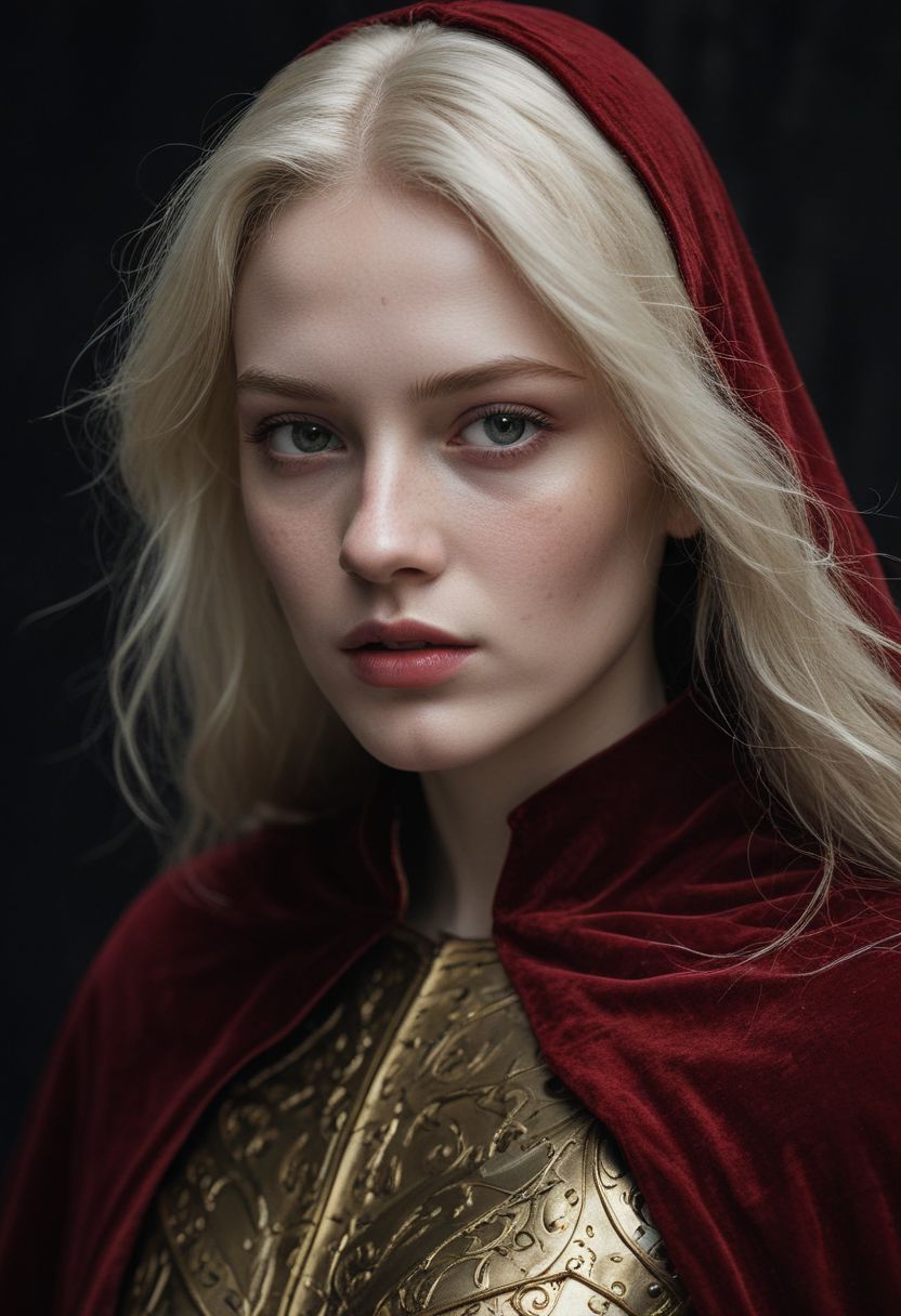 (Soft Lighting Photography by Mimoza Veliu and Mario Giacomelli:1.2), beautiful girl wearing a  medieval golden armour and a red velvet cape(woman like [Ava Lavinia Gardner:russian girl:0.6]), side soft light, Dark environment, black over black, highly detailed, detailed realistic photography, Stunning full body photo, albino hair, perfect eyes, detailed skin, (lightest freckles:0.9), standing in a casual pose, professional color grading, epiCPhoto