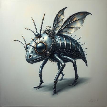 In a mesmerizing mixture of sleek silver tones and unusual elements, a peculiar creature emerges as the focal point. With a body elegantly adorned in creative shades of grey, its intricate patterns and unexpected features catch the viewer's eye. This striking image, possibly a surrealist painting, mesmerizes with its unique blend of imagination and craftsmanship. The fine details and expertly executed composition demonstrate the exceptional quality of the art, inviting viewers to ponder its unconventional beauty.