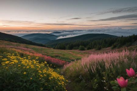 raw photo, a sunset landscape, Carpathian mountains valley temperate forests, Poland forest,  cozy, photorealistic, high detailed texture, 8k uhd, dslr, soft lighting, high quality, film grain, Fujifilm XT3, Sony A7 IV, highly detailed photography, (muted colors, cinematic, dim colors, soothing tones:1.2), vibrant, insanely detailed, hyperdetailed, (dark shot:1.2), (vsco:0.3), (intricate details:0.9), (hdr, hyperdetailed:1.2) (highest coherency: 1.39) (highest quality: 1.39) (rule of Thirds) (award winning) (breathtaking) (masterclass) (vibrant color: 0.79) (foggy: 1.09) (distant hillside) (spring flowers) (sharp focus forground) (detailed flower: 1.39)
