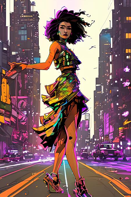 (samdoesarts:1.3), nvinkpunk, a photorealistic picture of a woman, she has a  sprawling frilled glittering dress, woman dancing, lens flare, night in the city that never sleeps, cityscape, drawing, thick lines