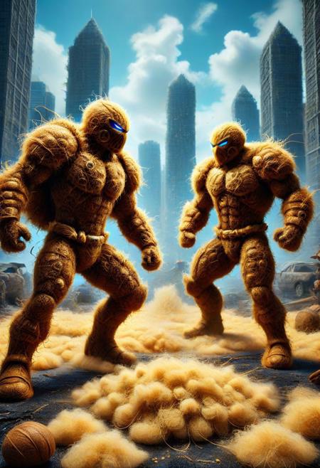 A post-apocalyptic cityscape with eco-warrior superheroes made entirely of coconut fiber mattresses battling plastic monsters, capes flowing with natural fibers, weapons shooting seeds, each impact releasing purifying pollen clouds. Hyper-detailed digital painting, cyberpunk eco-future, dramatic lighting, high contrast, cinematic composition, ultra-sharp textures." <lora:SDXLFaeTastic2400:0.4> <lora:extremely_detailed:0.4> extremely detailed, <lora:pamcocomat:1> pamcocomat, Masterpiece,best quality,hi res,8k,hi res,8k,award winning,(sharp focus, intricate, highly detailed),