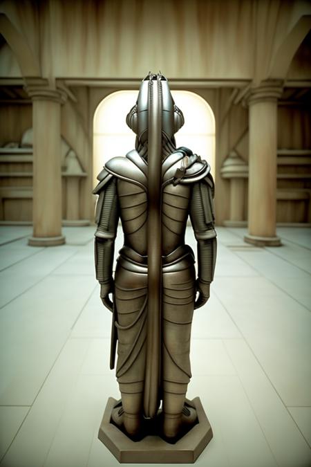 a statue of a man in a room with columns , solo, 1boy, sitting, male focus, indoors, from behind, helmet, letterboxed , 5th_element