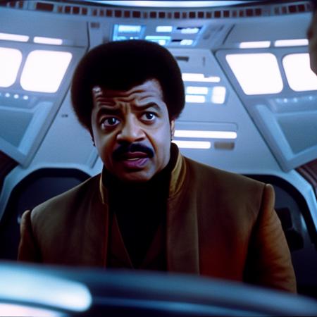 (Neil DeGrasse Tyson:0.8) is Lando Calrissian in Star Wars the Empire Strikes back flying the Millennium Falcon with chewbacca Cinema768-Digital