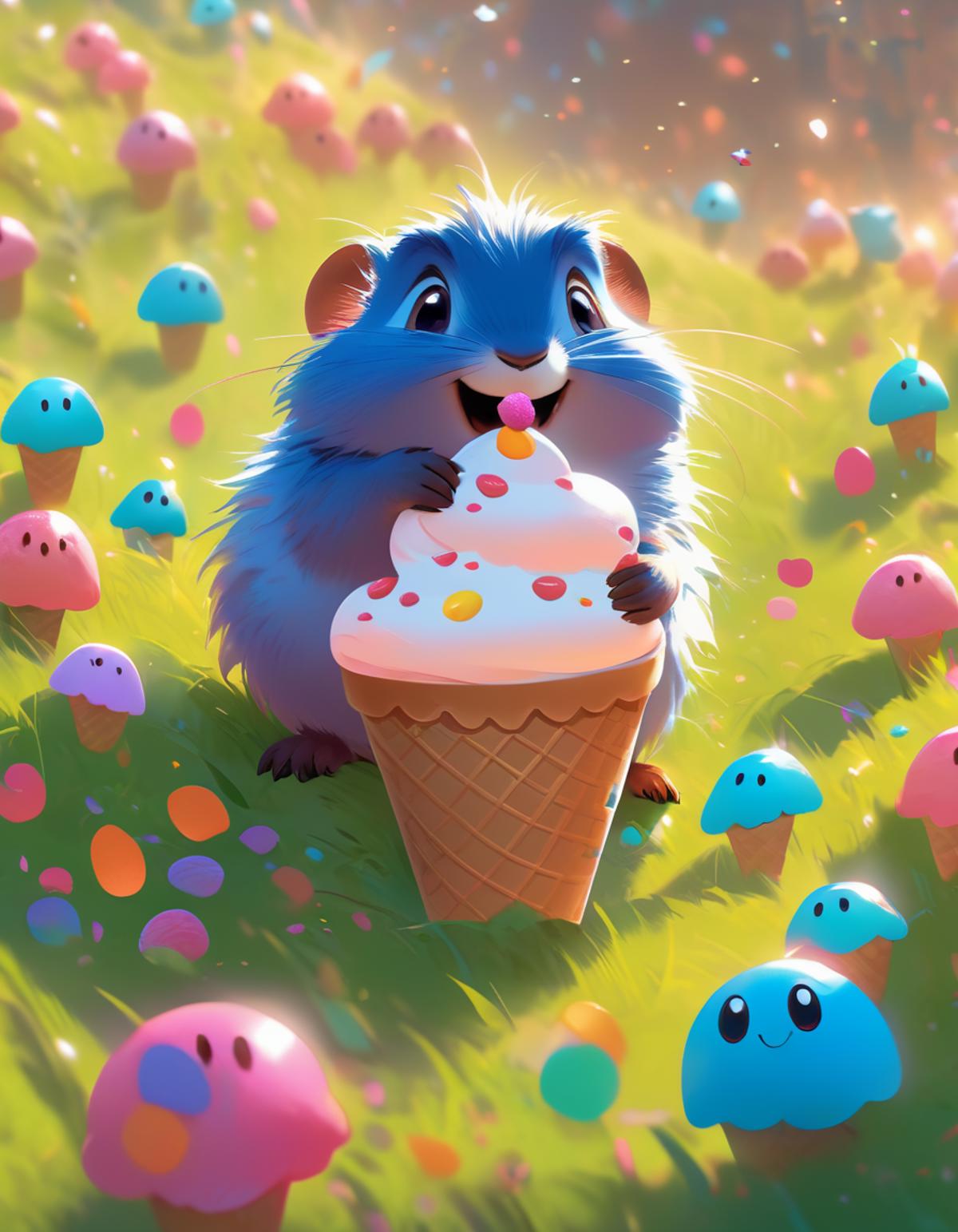 Giant Lemming,  holding small ice cream,  about to bite,  bright-colored eyes,  candy meadows,  tasty candy growing in gra...