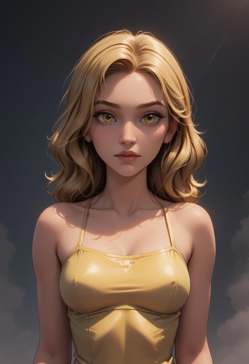 (8k resolution, score_9, score_8_up, score_7_up, absolute masterpiece, best quality, ultra detailed), upper body portrait of a seductive blonde woman with short wavy hair. (yellow eyes:1.3), standing with her shoulders pushed back, arching her back to emphasize her petite perky chest, arms down with her hands resting on her slim waist. Large hips. She wears a tight, glossy yellow outfit with exposed shoulders and a low neckline, revealing her petite and perky breasts. Behind her, a stormy sky rumbles with dark clouds and flashes of lightning, casting dramatic lighting that highlights the shine of her outfit. Her expression is alluring, her posture exuding confidence, as the energy of the storm crackles around her.