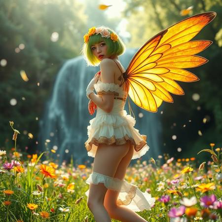 ulra realistic cinematic photo of A airy fantasy angel-winged scandinavian woman with vibrant green hair styled in a bob cut, adorned with delicate flowers. Her large, colorful wings display shades of yellow, orange, and black, resembling those of a fairy wings. She wears a frilly, white and gold outfit that highlights her slender figure, with matching gloves and sandals. Her expressive eyes and graceful pose exude a sense of ethereal beauty. red nails, looked back,
Background: Enchanted meadow filled with blooming wildflowers of various colors, with soft sunlight filtering through the trees. The air is filled with floating, glowing particles, giving the scene a magical, serene atmosphere. A gentle breeze causes the flowers and grass to sway, adding to the tranquil setting.waterfall in the background