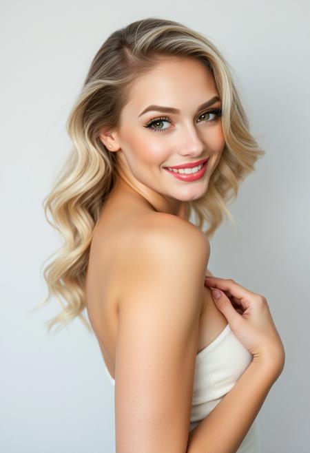 Beautiful woman, posing for a photograph, full body, side view, dutch angle,
Petite, curvaceous figure, fair skin, heart-shaped face, large hazel eyes, slightly upturned nose, warm smile, full lips, well-defined cheekbones, blonde hair in soft waves