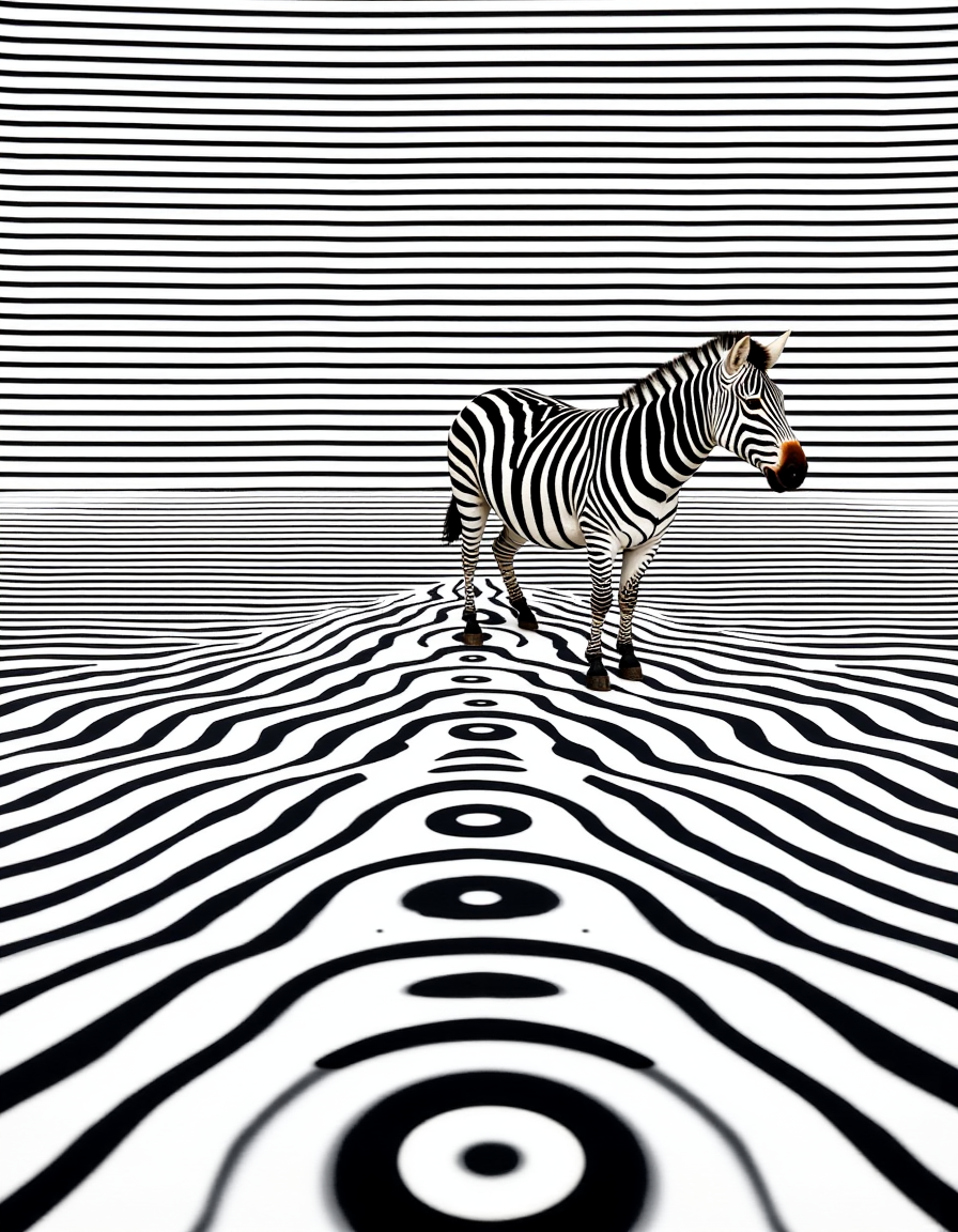 A zebra standing in a room covered with black and white lines and wavy designs. The zebra's stripes contrast with the patterns on the floor and background, making it appear as part of the illusion. 