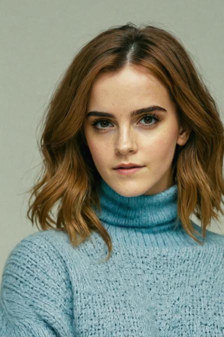 portrait photo of emmawats0n in a oversized light blue sweater, (long hair), posing for a picture, ziprealism, for cosmopolitan,  realistic skin texture, softcore, warm lighting, simple background, magazine cover style