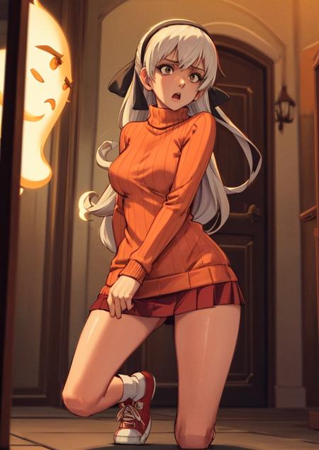 masterpiece, 4K, best quality, elie macdowell, hairband, hair ribbon, (orange sweater), turtleneck, red skirt, red shoes, dark castle interior, (ghosts in the background), terrified, scared of ghosts <lora:elie-ver2-nv-lightbaked-v1-000014:0.85>