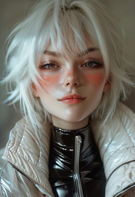 score_9, score_8_up, score_7_up, score_6_up, prsnl3, 1girl, beautiful, slender body, white hair, source_anime, latex outfit, sexy, shorts, jacket, cute face, seductive, horny, sexy slightly smirk, blush, (freckles:0.5), (sexy:1.4)