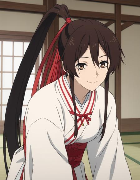 sagiri yamada asaemon, long hair, black hair, ponytail, high ponytail, brown eyes, japanese clothes, kimono, hakama,