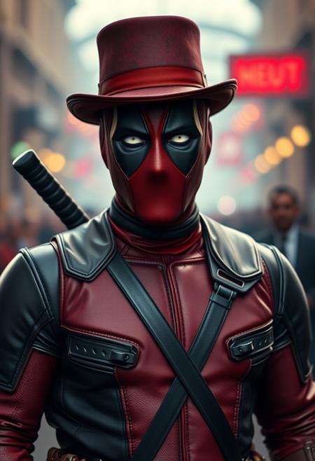 Deadpool, wearing a brown leather jacket and a tophat, cinematic, 4k, wide-angle