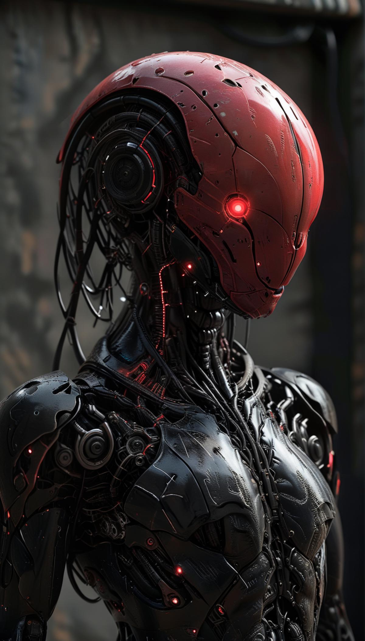 A futuristic robot head with red and black finish, glowing red eyes, and wire-like structures.