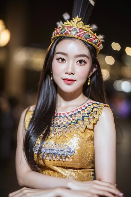 (((irene1:1.4,<lora:irene_v70:1>))), dayak, (RAW photo, best quality), (realistic, photo-realistic:1.3), masterpiece, an extremely delicate and beautiful, extremely detailed, CG, unity , 2k wallpaper, Amazing, finely detail, light smile, extremely detailed CG unity 8k wallpaper, huge filesize, ultra-detailed, highres, absurdres, soft light, (beautiful detailed sky, outdoor, cityscape, city lights, skyline) ((extremely detailed face, beautiful detailed girl, detailed fingers, extremely detailed eyes and face, beautiful detailed nose,)) light on face, solo, 1girl,(pureerosface_v1:0.6),  black eyes, black hair, bangs,  closed_mouth, lips, long_hair, looking_at_viewer, (full body:1.4),  realistic, (wearing_dayak_outfit:1.4), smile,  ((detailed pupils)), <lora:dayakoutfit:0.6>, <lora:dayaklora:0.2>