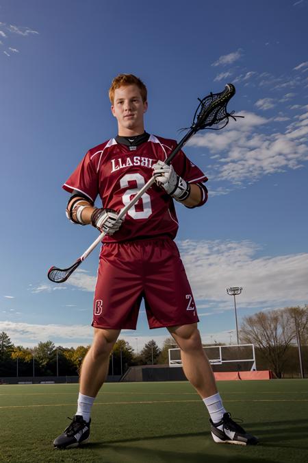 athletic field, ((lacrosse field)), BluKennedy is a lacrosse player wearing a red (lacrosse uniform), holding lacrosse stick, masterpiece, (((full body portrait))), wide angle <lora:BluKennedy-000008:0.75>