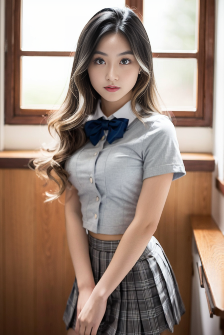 masterpiece, best quality, ultra-detailed, illustration, colorful, depth of field, 
calssroom, school uniform, white collared shirt, grey skirt, pleated skirt, 
,1girl, medium breasts, wavy hair,  detailed skin texture, detailed cloth texture, beautiful detailed face,
<lora:epi_noiseoffset2:0.85> <lora:ShannonnW:0.85>