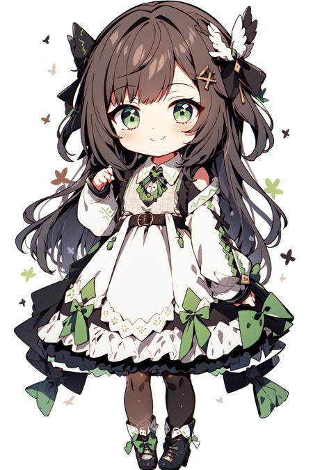 <lora:chibi_anime:1>, 1girl, solo, green eyes, pantyhose, dress, full body, bow, brown hair, black pantyhose, white background, shirt, long sleeves, hair bow, looking at viewer, smile, white shirt, boots, simple background, ribbon, virtual youtuber, bangs, standing, pinafore dress, white footwear, belt, white bow, neck ribbon, black ribbon, grey dress, white ribbon, closed mouth, cross-laced footwear, collared shirt, sleeveless dress, medium hair, sleeveless, black bow, plaid