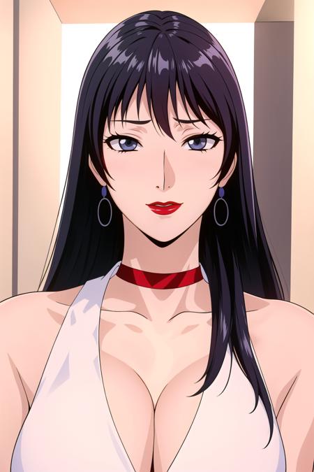 Simple White Background,
red_choker,cleavage, collarbone,bare_shoulders,black_Pencil_skirt,White_shirt,bare_arms,
<lora:Nao_Kadena_GTO-KK77-V1:0.7>,
black hair,very long hair, Bangs,yellow eyes,makeup, lipstick,bangs,
<lora:Oda_Non_Style-KK77-V2:0.3>,<lora:more_details:0.1>,
1 girl, 20yo,Young female,Beautiful Finger,Beautiful long legs,Beautiful body,Beautiful Nose,Beautiful character design, perfect eyes, perfect face,expressive eyes,perfect balance,
looking at viewer,(Focus on her face),closed mouth, (innocent_big_eyes:1.0),(Light_Smile:0.3),
official art,extremely detailed CG unity 8k wallpaper, perfect lighting,Colorful, Bright_Front_face_Lighting,White skin,
(masterpiece:1.0),(best_quality:1.0), ultra high res,4K,ultra-detailed,
photography, 8K, HDR, highres, absurdres:1.2, Kodak portra 400, film grain, blurry background, bokeh:1.2, lens flare, (vibrant_color:1.2),professional photograph,
(Beautiful,large_Breasts:1.4), (beautiful_face:1.5),(narrow_waist),