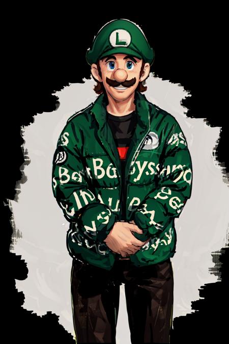 Highly detailed, High Quality, Masterpiece, beautiful, Luigi, <lora:Luigi-09:0.7>, 1boy, solo, smile, cowboy shot, dripjacket, own hands together, <lora:Outfit_DripJacket:0.85>