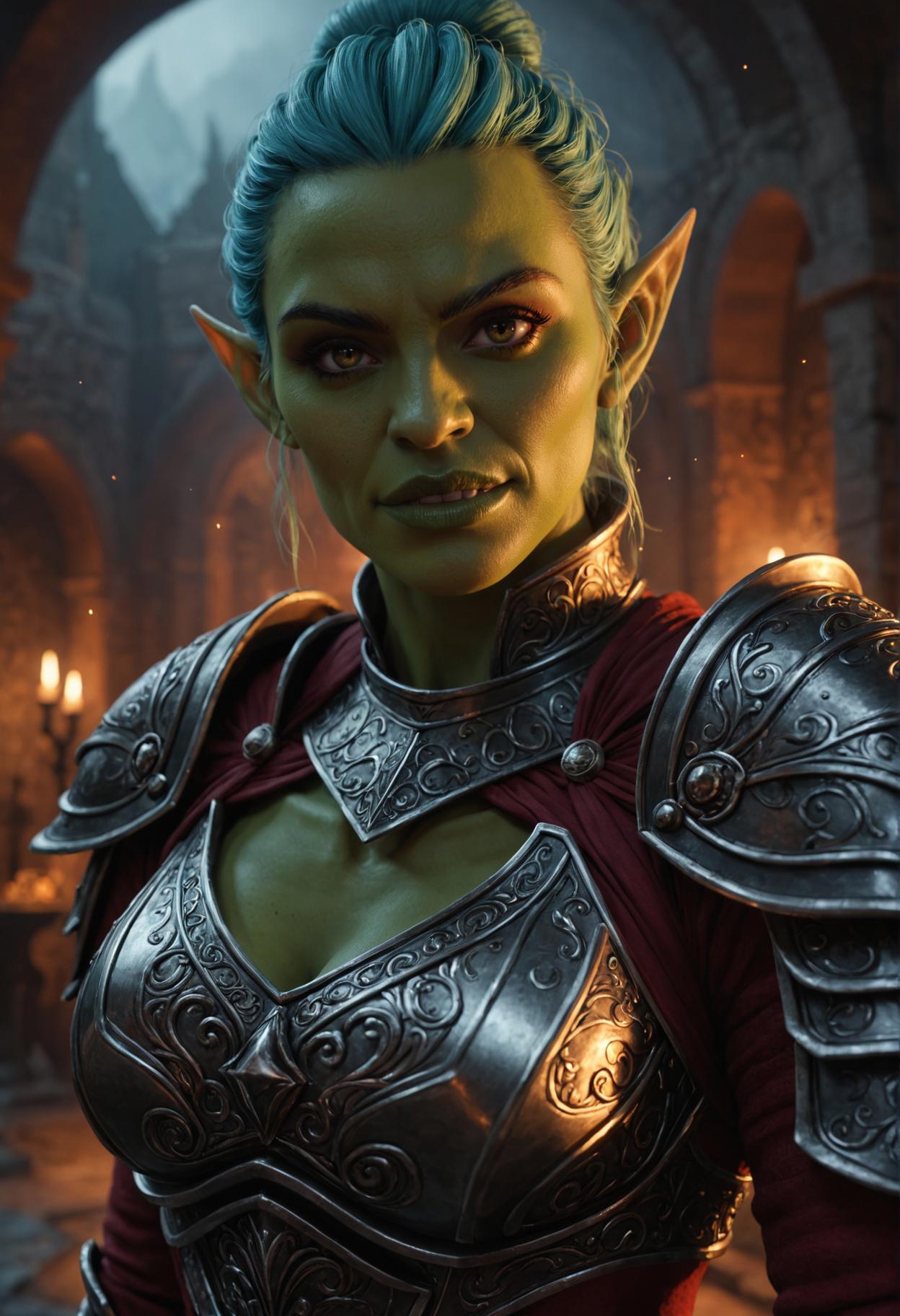 Dark Fantasy Art, (skyrim screenshot), (analog style:0.6), (Pin-up aesthetics), movie poster, dark and moody photography, very wide shot portrait of a beautiful female (orc, green skin, fangs:1.4) with with a warm laugh, older woman, busty and curvy, muscular, detailed face, stunning beauty, detailed skin, skin texture, skin pores, (freckles:0.9), shiny skin, aqua hair, quin tails, doughnut hair bun, widow's peak, in a thoughtful pose, (wearing elven armor:1.4), at a markath interior, beautiful face, stunning. liminal fog, particles, particle system, crimson sky, photorealistic, photorealism, cinematic, photo by Denis Villeneuve and David Fincher, film, ultra realistic, sharp features, intricate detail, 100mm, 8k, (shallow depth of field:1.4), (backlit:1.4), (rim light:1.4), dark, moody, dark fantasy style