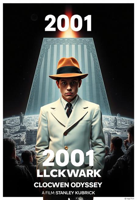 Design a striking and surreal movie poster for 2001: CLOCKWORK ODYSSEY, a blend of Stanley Kubrick’s iconic films A Clockwork Orange and 2001: A Space Odyssey. In the foreground, feature Alex from A Clockwork Orange in his classic white outfit, bowler hat, and disturbing single eyelash. He stands against a backdrop of space, with the HAL 9000 red eye ominously glowing in the distance. The monolith from 2001 looms behind him, while elements of the dystopian, urban world of Clockwork Orange are subtly integrated into the vast, sterile spacescapes of 2001. The color palette should feature the warm oranges and blacks of Clockwork Orange contrasted with the cool whites and blues of 2001. At the top or bottom of the poster, boldly display the title 2001: CLOCKWORK ODYSSEY, fusing the typography styles of both films. Below the title, add: ‘A Film by Stanley Kubrick,’ to highlight the legendary director’s vision