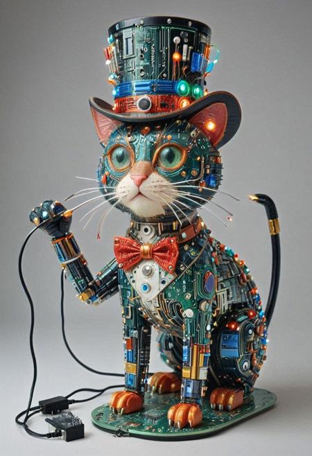 embedding:lazmpos, Transistors, pcb_style, LED, colorful LED lights, RGB lights, red green and blue cat, art deco, top hat, cane, monocle,RetroBG