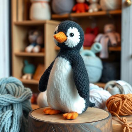 a very cute tiny penguin made out of wool, standing on a knitting set in a cozy shop