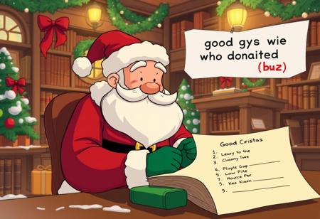 cartoon style, santa claus in a old library with christmas decorations, writing  a list in a papper with the header "good guys who donated buzz"