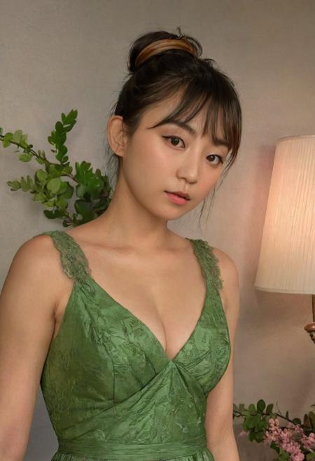 a beautiful picture of pyopyoaple, masterpiece, photorealistic, woman, detailed, 4k, HDR, backlighting, bloom, light, RAW color photo,(fully in frame:1.1), detailed skin texture, (blush:0.5), (goosebumps:0.5), wearing a green dress <lora:pyopyoaple:0.95>