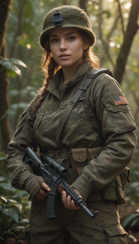 DEN_nora_rivers,
(a (soldier:1.1) in the jungle on manoeuvrers wearing (army fatigues:1.2) and holding a rifle, (camouflage:1.2), military, uniform, military, camouflage uniform:1.2),
bokeh,f1.4,40mm,photorealistic,raw,8k,textured skin,skin pores,intricate details,<lora:epi_noiseoffset2:1>,<lora:ClothingAdjuster3:-1>,
bokeh,f1.4,40mm,photorealistic,raw,8k,textured skin,skin pores,intricate details,<lora:epi_noiseoffset2:1>,<lora:crowd_notrigger:1>,BeyondSDXLv3,, ultra quality, ultra detailed, intricate details, 8k, hdr, epic realistic, tilt-shift, Bokeh, dramatic light, dynamic lighting, golden hour, moody lighting, night time, shadow, award-winning, ultrarealistic, octane<lora:WildcardX-XL-Detail-Enhancer:1><lora:WildcardX-XL-Detail-Enhancer:1>
