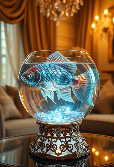 In a breathtaking, hyper-realistic image, a majestic fish swims in a crystal-clear fishbowl, its scales shimmering with a cosmic pattern that seems to mirror the stars and galaxies of the universe. The scales glimmer with a soft, ethereal light, as if they're infused with stardust. The fish's body is rendered in exquisite detail, with delicate fins and a flowing tail that seems to ripple the water. The fishbowl itself is a work of art, with a gem-encrusted pedestal that seems to glow with an inner light. The pedestal is adorned with intricate, swirling patterns that evoke the mysteries of the cosmos. The water in the bowl has a cosmic quality to it, with shimmering, iridescent hues that seem to shift and change as the fish swims. The surrounding environment is a warm, cozy room, with soft, golden lighting that casts a gentle glow on the fishbowl. The room's decor is elegant and refined, with plush furnishings and delicate, crystal ornaments that seem to sparkle in the light. The overall effect is one of serene, otherworldly beauty, as if the fish and its cosmic scales have transported the viewer to a realm beyond the ordinary. Highest-Quality, 4k, intricate details, visually stunning, Masterpiece