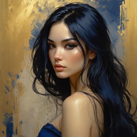 a woman with long black hair in a gold painting, in the style of charlie bowater, dark blue and dark black, michael garmash, comic art, realistic color palette, dark black and beige, soft-focused realism --ar 24:37 --stylize 750 --v 6