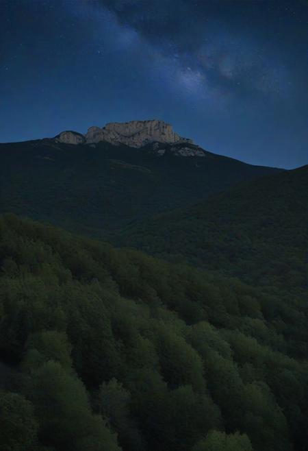 masterpiece, photorealistic, a vast spring forest, distant mountains, southern france mas, japanese architecture, pyrénées forest, majestic oaks, night sky, mt. aneto, serene, peaceful, moonlight, low angle