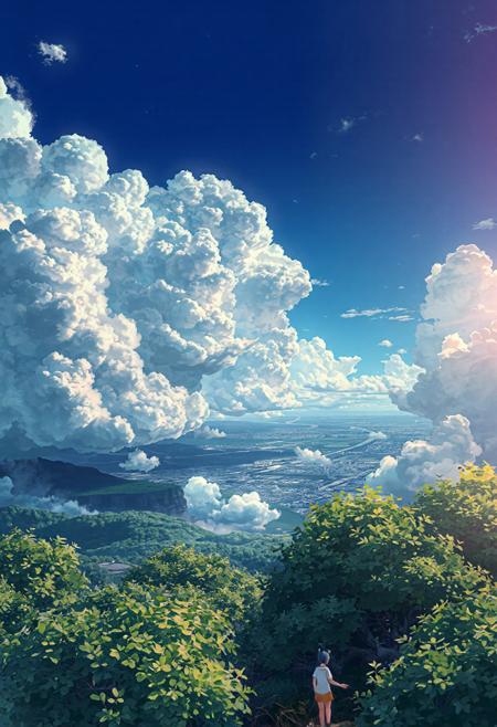 "Vertical 9:16 cinematic anime scene, viewpoint from a mountain, highly detailed anime-style bushes and shrubs in the foreground, overlooking a peaceful distant city, massive textured cloud cover above with visible bumps and organic folds, scattered bright gaps revealing deep blue sky, strong sunlight beams breaking through clouds, inspired by 'Weathering with You', pastel and slightly vivid colors (sky blue, soft pinks, lush green bushes), soft watercolor anime shading, ultra-high detail, dreamy and emotional atmosphere, gentle wind movement."
