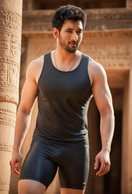 a photo of mahesh babu a man <lora:Rohit-Saraf_Mahesh-Babu:1>,  full-body from below, from side looking away, a muscular, (lean:1.8) (slender:1.4) (slim:0.0),  (bulgerk-soft:1.3), aesthetic physique, detailed face and body, sweaty, fitness champion wearing wet tank top and wet skimpy tight cycling shorts, in front of an ancient Mayan temple, extremely realistic, best quality, 4K, masterpiece, detailed, intricate, high quality, highres, filmic, masterpiece realistic, best high quality