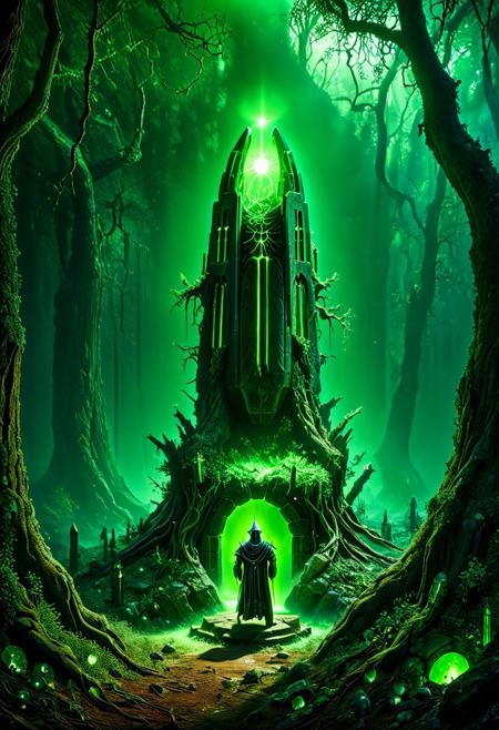 Enter a realm forsaken by the gods, a necrotic wood where the very air reeks of decay and rot. Twisted, gnarled trunks claw at the sanguine sky, their grasping branches like the skeletal fingers of long-dead sorcerers. Mist swirls between the boles, clinging to the earth like a burial shroud.
Shattered monuments to forgotten deities dot the forest floor, their crumbling stones covered in lichen and mold. Bone fragments, bleached white and picked clean, lay scattered among the detritus, mute testimony to unspeakable rites conducted in ages past.
At the heart of this blighted clearing rises a dais of obsidian, polished smooth as if by the touch of a thousand year's worth of worshippers. Upon its altar-top surface, a pulsating organ of indeterminate origin throbs with an eerie, otherworldly beat. Veins of sickly green light race across its surface, converging at a central node that seems to suck the very essence from the surrounding woods.
Before this profane offering kneels a robed figure, cowled and inscrutable.
sci-fi, alien-worlds, eeriness, futuristic, outer-space, science-fiction, alien-themed, extraterrestrial, cosmic, otherworldly, mysterious, 
concept-art, adventure, fantasy, whimsy, dreaminess, digital, illustration, magic, 
beautiful, painterly, textural, artistic, aesthetic, 
intricate details, highly detailed, ultra-detailed, absurdres, vivid, vibrant, volumetric lighting, 
Necron,, electricity, green glow, green theme,, aid291, midjourneyv6.1, ais-particlez