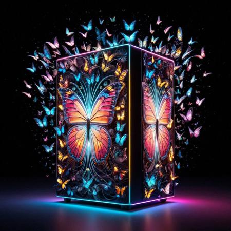 a neon-lit computer tower encased in an exoskeletal butterfly shell, fans pulsing with soft wing movements, RGB lighting synchronized with flutter effects, a stream of data particles shaped like butterflies flowing from its vents — butterflyStyle