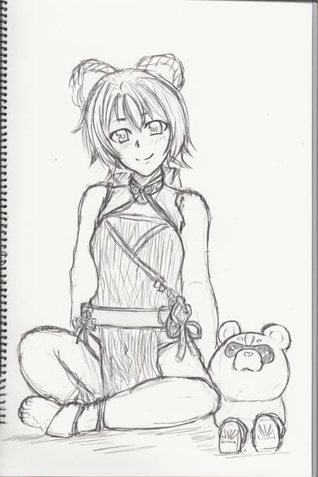 <lora:style18-v2:1>,sketch, greyscale, monochrome, traditional media, <lora:xiangling:1>,xiangling \(genshin impact\), panda,chinese clothes, girl sitting animal,smile,