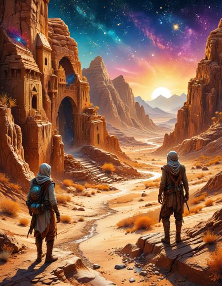 (Adventurers, discovering triumphantly, awestruck, ancient, a lost city beneath desert sands.:0.5) (Glitter Art:1.3)