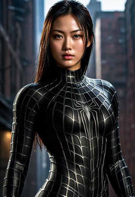 score_9, score_8_up, score_7_up, best quality, realistic, masterpiece, beautiful detail, hyperrealistic, woman ((1girl, woman body, big breasts)), amazing detailed full body portrait of a beautiful japanese girl, wearing a realistic and highly detailed black raimi spider-man suit, ((huge muscular girl)), professional model wears ultra - detailed black raimi spider - man suit, ultra - detailed and grained black raimi spiderman suit, suit covered entire body and hand, black spiderman gloves, wet, (dynamic pose), (full body), (dirty skin), close up, octane render, highly detailed, volumetric, dramatic lighting, (highest quality:1.1), (HDR:1.3), (top quality, best quality), realistic, high definition,