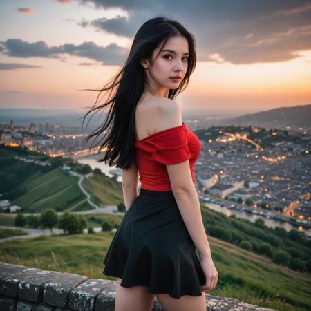 in a romantic scene,

from behind, a girl with a beautiful face, perfect eyes, long black hair, pale skin,
a red off-shoulders top with a black mini-skirt, looking at the viewer, mysterious (smile:0.5),
standing poses, on the hill, at the landscape and city light, sunset, cloud, sky, (windy:1.05),

moody lighting, dark all around, bokeh, dramatic, high-resolution, fine detail, appropriate details, 4k,