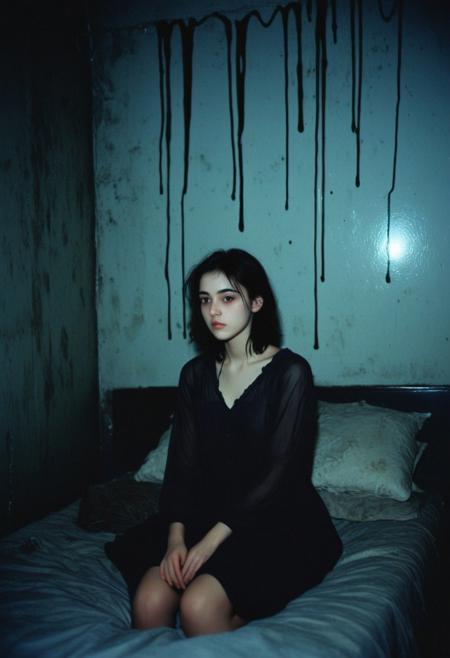a dark lonely cold room, a thin girl sits hanging her shoulders on the bed, her dark hair dirty, a black stain in place of her face, dull tones, evening, contrasting shadows, dull cloudy sky, luminous blurred photo, grainy film effect, konica minolta zoom 60, blurred shapes, Diane Arbus photo style