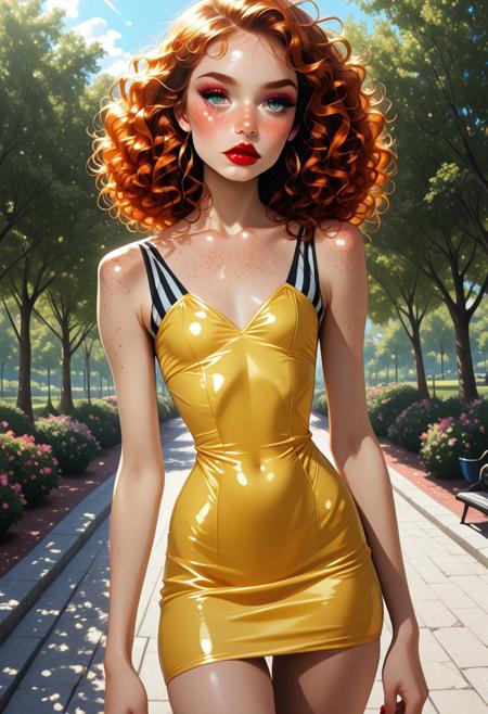 park setting, outdoors ,sunshine, beautiful, solo, 1 girl, Sandy, freckles, curly hair, long ginger hair, makeup, red lipstick, eye shadow, short yellow bodycon dress with horizontal black stripes, looking at viewer, lips slightly parted, tight waist, freckles on shoulder and chest, tiny breasts, shy, cute, skinny, petite, delicate,
