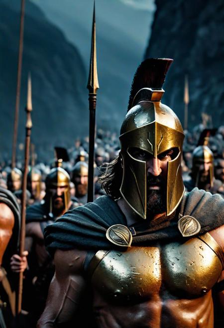 (((cinematic film photo, extremely details, photo of Mind blowing depth and foreground clarity))) stunning, high quality, photorealistic, photo very large view of Leonidas and his 300 Spartans, muscles, row, ((dramatic lighting, detailed atmosphere), dark, moody), intricate details), volumetric lighting, high resolution, 8k, best quality, hyper detailed, ultra detailed, ultra high definition, 8k, super sharp focus, golden ratio, great detail of textures ((masterpiece))