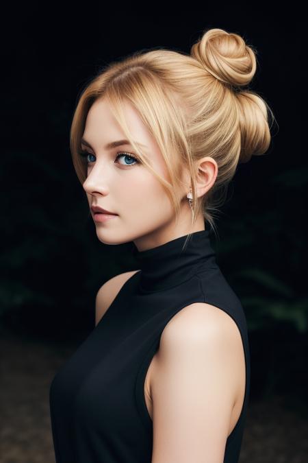 an eye contact of a blond with bun hair and dark theme