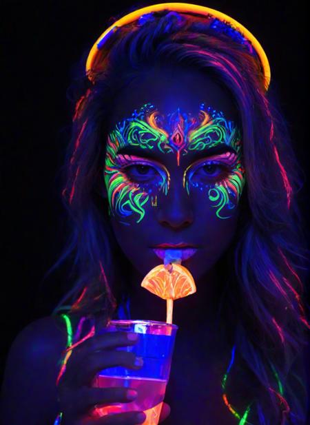 <lora:PE_NeonUV Style:0.9> PENeonUV, blacklight, neon,
woman, head tilt,, face paint, holding drink,
masterpiece, high resolution, octance 4k, high detail,