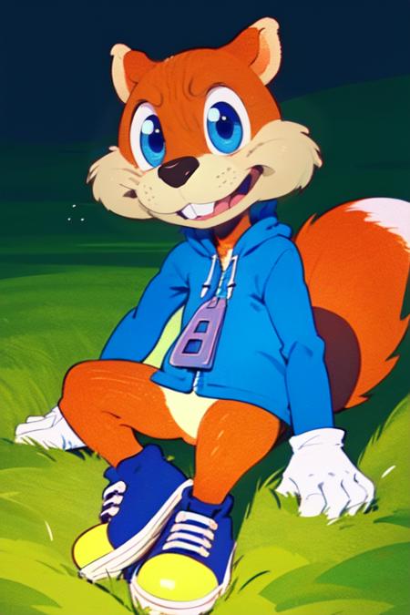 conker, blue eyes, buck teeth,  tail, 
sneakers,  white gloves,  blue jacket, zipper, long sleeves,  
solo, upper body,   sitting,  serious,  
outside, plains,  
(insanely detailed, beautiful detailed face, masterpiece, best quality) cinematic lighting,
 <lora:conker-10v2:0.7>