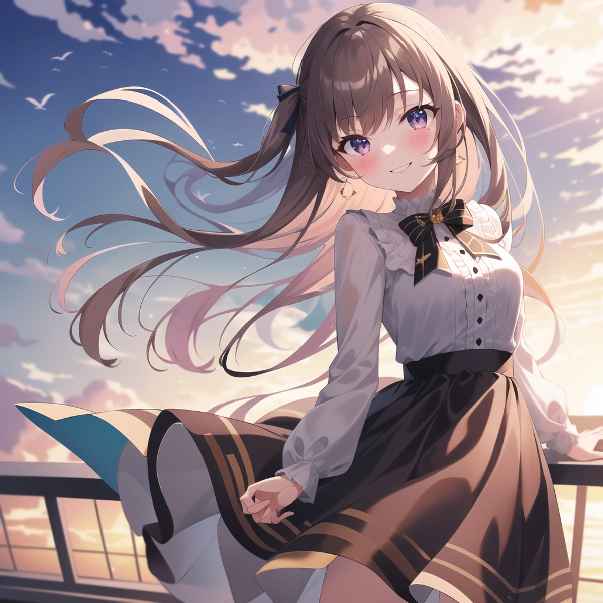 high quality, best quality, masterpiece, absurdres, 1girl, rooftop, sunset, smile, looking_at_viewer, blush